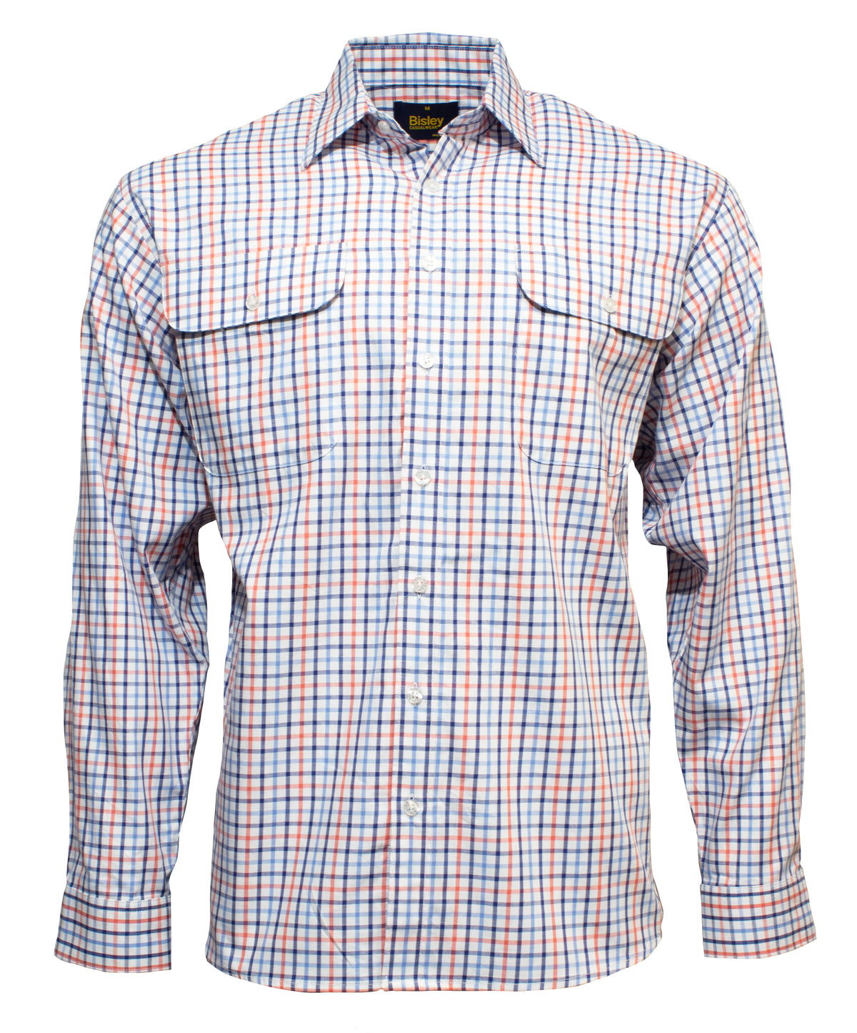 The Bisley Countryman Cotton Shirt is a long-sleeved, button-up piece with a checkered pattern in white, blue, and orange. It features two chest pockets with button flaps and is made from 100% cotton. The collar has the Bisley brand label visible inside.