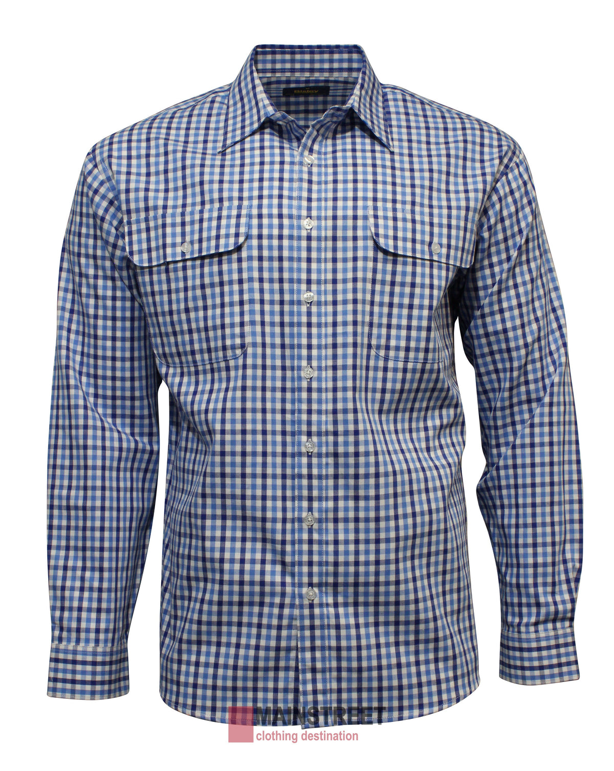 The Bisley Countryman Cotton Shirt has a long-sleeved blue and white checkered pattern, classic collar, buttoned cuffs, and convenient buttoned chest pockets.