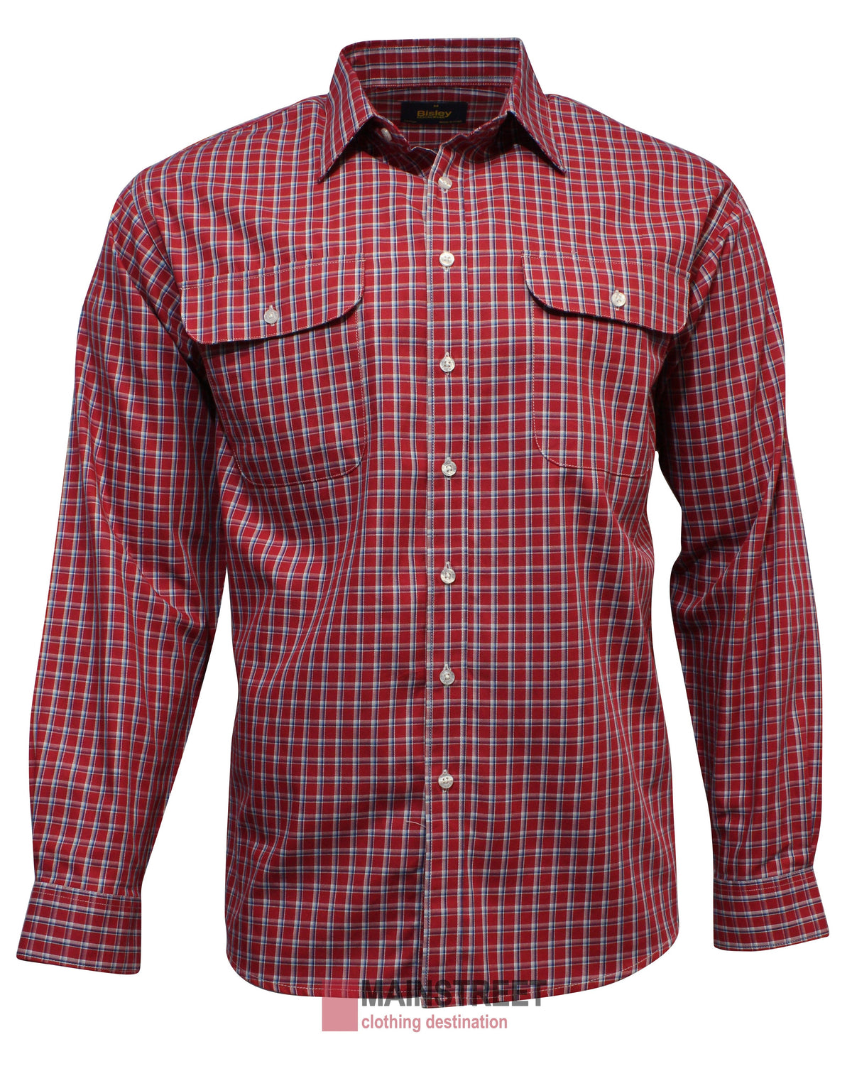 The Bisley Countryman Cotton Shirt, made from 100% cotton, features a red and blue checkered pattern with two buttoned breast pockets and a classic collar on a white background.