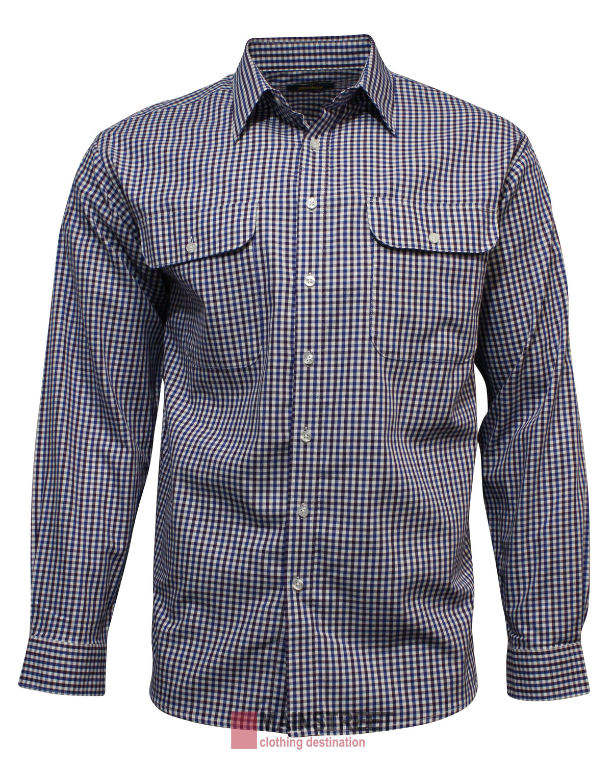 The Bisley Countryman Cotton Shirt is a long-sleeve, button-up shirt with a blue and white checkered pattern, made of 100% cotton for comfort and style. It features two buttoned chest pockets with flaps for extra functionality.