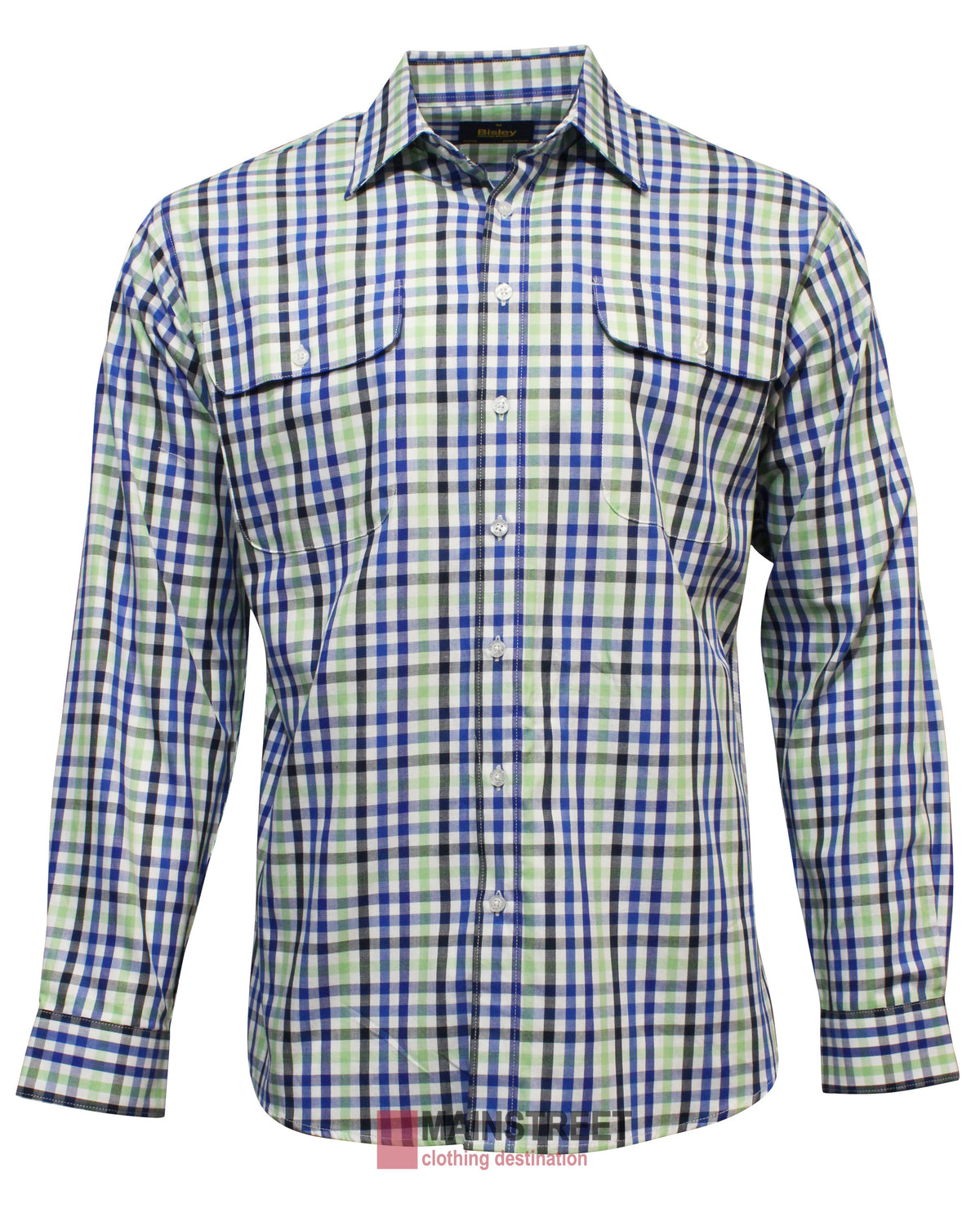 The Bisley Countryman Cotton Shirt has a blue, green, and white checkered pattern, buttoned cuffs, two chest pockets, and a pointed collar for a classic look.