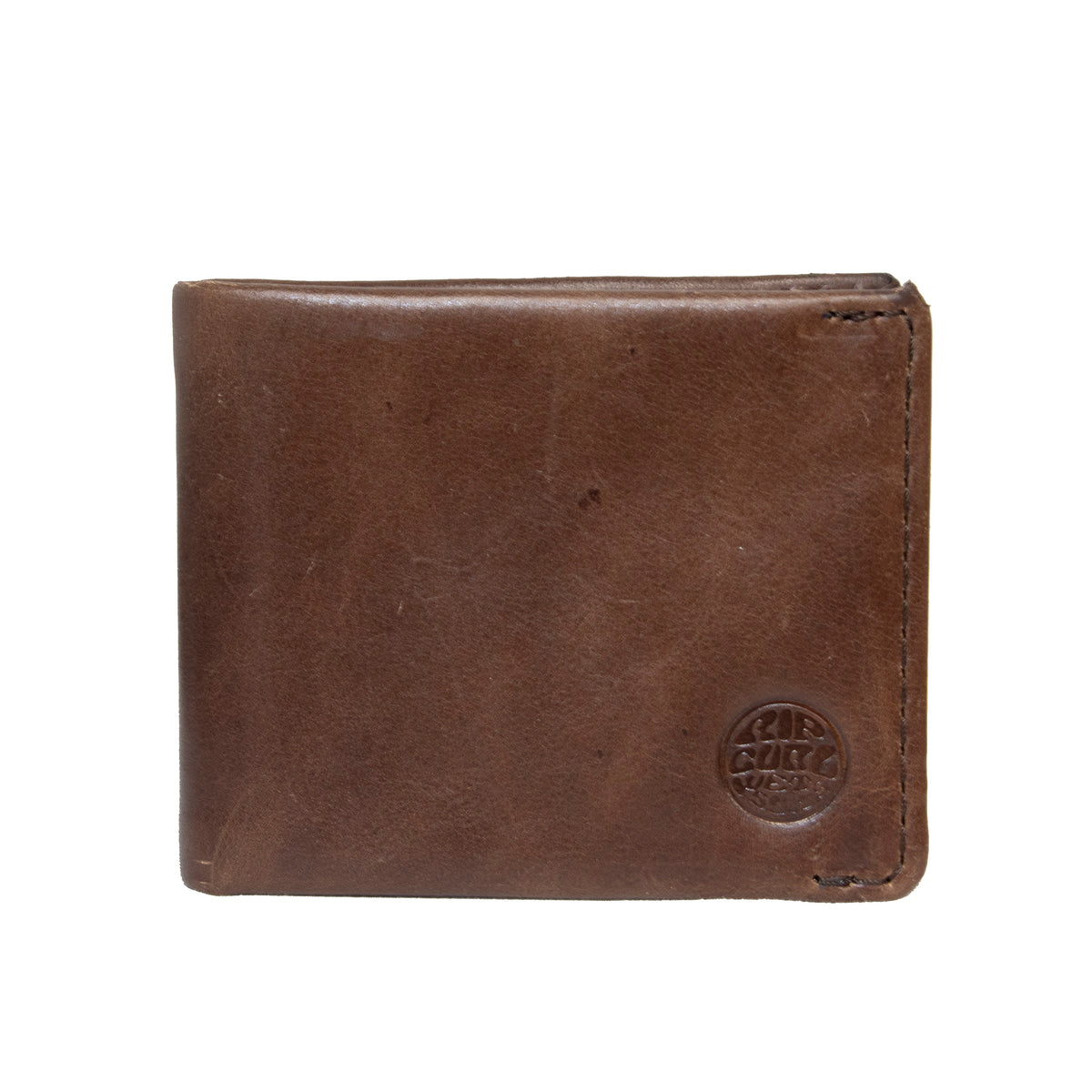 A closed Rip Curl Texas RFID All Day Wallet, made of genuine Texas leather with a slightly worn texture, is shown. The wallet features a circular embossed logo on its bottom right corner, offering both style and RFID protection.