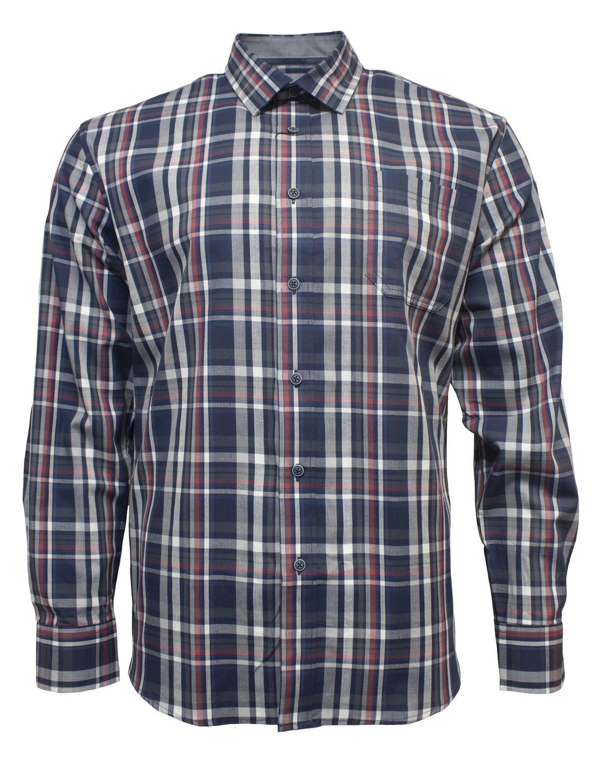 A front view of the Back Bay Checked Shirt, a long-sleeve, button-down shirt with a plaid pattern. Made from 100% cotton, this comfortable shirt features a mix of navy blue, white, red, and light blue stripes. It has a collar and a chest pocket on the left side.