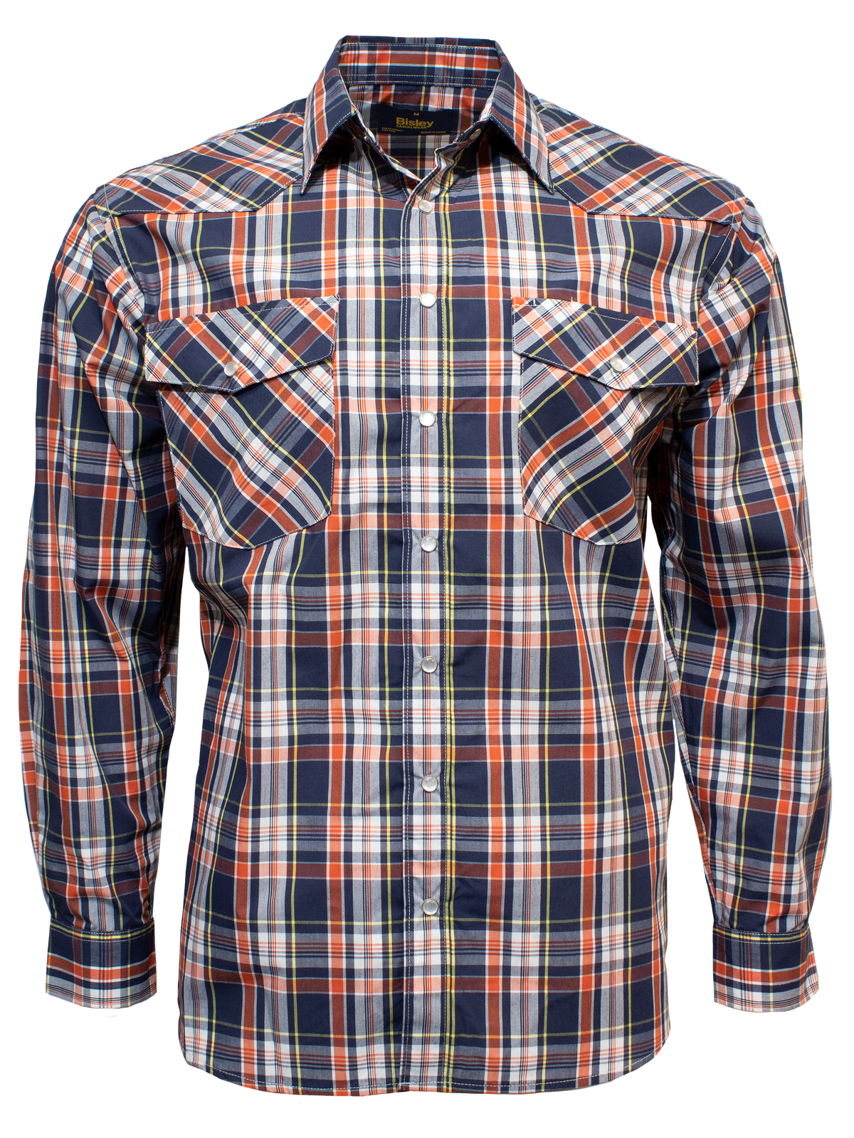 The Bisley Western Shirt is a long-sleeved, button-up shirt featuring a plaid pattern in blue, red, white, and orange. It includes two chest pockets with buttoned flaps and a collar. Made from a sturdy Bisley polyester/cotton blend, this shirt perfectly combines style and durability.