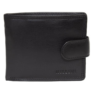 The Milleni Men's Wallet, crafted from genuine black leather, features a snap closure and the "MILLENI" brand name embossed on the bottom right corner. It also includes multiple card slots for optimal organization.