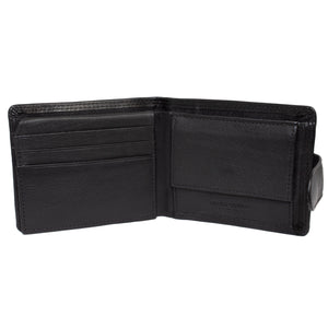 The Milleni Mens Wallet, crafted from genuine black leather, is open to reveal its interior. The left side showcases multiple card slots, and the right side includes a coin pouch secured with a flap closure. The inner surface is smooth and polished, accented with stitching around the edges.