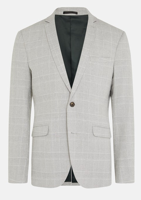 The Connor Sorrento Slim Suit Jacket features a light grey color with a subtle white check, single-breasted design, one button closure, two front flap pockets, and notched lapel—perfect to elevate any men's suit collection. Shown on a plain white background.