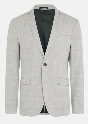 The Connor Sorrento Slim Suit Jacket features a light grey color with a subtle white check, single-breasted design, one button closure, two front flap pockets, and notched lapel—perfect to elevate any men's suit collection. Shown on a plain white background.
