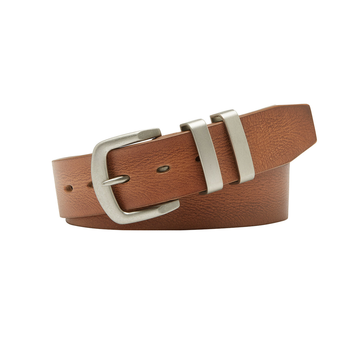 The Buckle 5557 Vintage Leather Belt, featuring a silver buckle and two loops, rests elegantly on a white background—ideal for enhancing any men's wardrobe.