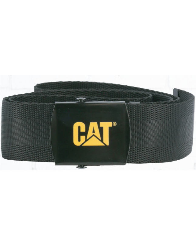 The CAT Trademark Belt is a black belt made from durable stretch cotton webbing, featuring a sleek, rectangular metal buckle with the yellow "CAT" logo that embodies the rugged quality synonymous with Caterpillar construction gear.