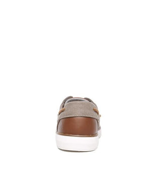 Rear view of the Colorado Ailon Canvas sneaker featuring a light brown canvas and leather upper, tan leather heel, and white rubber sole, set against a plain white background.