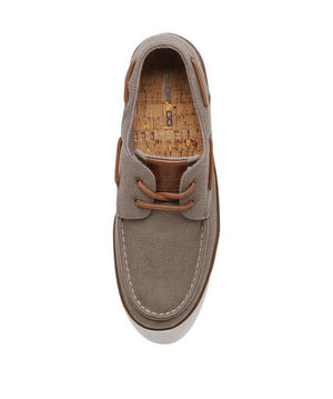 The Colorado Ailon Canvas is a light gray casual lace-up boat shoe with Canvas/Leather, brown leather accents, and white stitching. It features a cork insole and brown laces threaded through eyelets on both sides of the tongue.