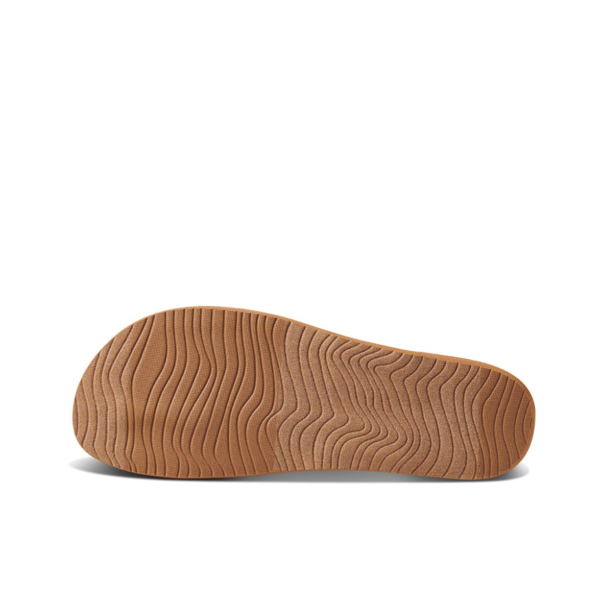The image shows the sole of the REEF Cushion Strand sandal with a wavy, textured pattern. The light brown rubbery sole offers grip, complemented by an EVA foam cushion bounce midsole for added comfort. The background is plain white.