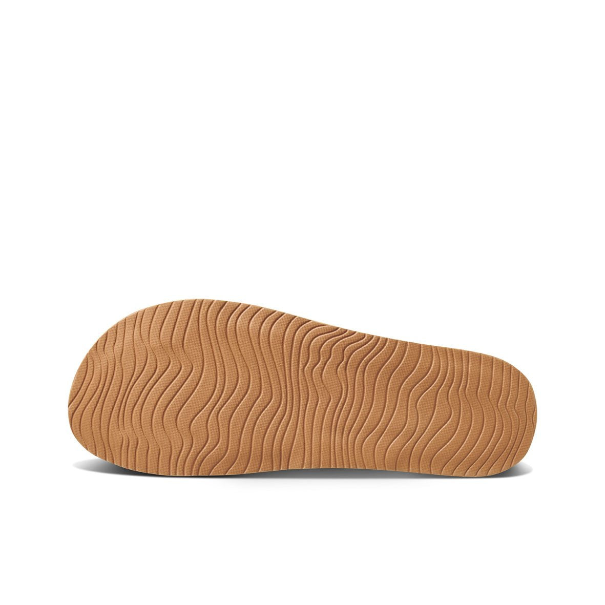 The image shows the sole of a REEF Cushion Spring Bloom sandal with a wavy texture and light brown color, reminiscent of Reef slides, viewed from the bottom.