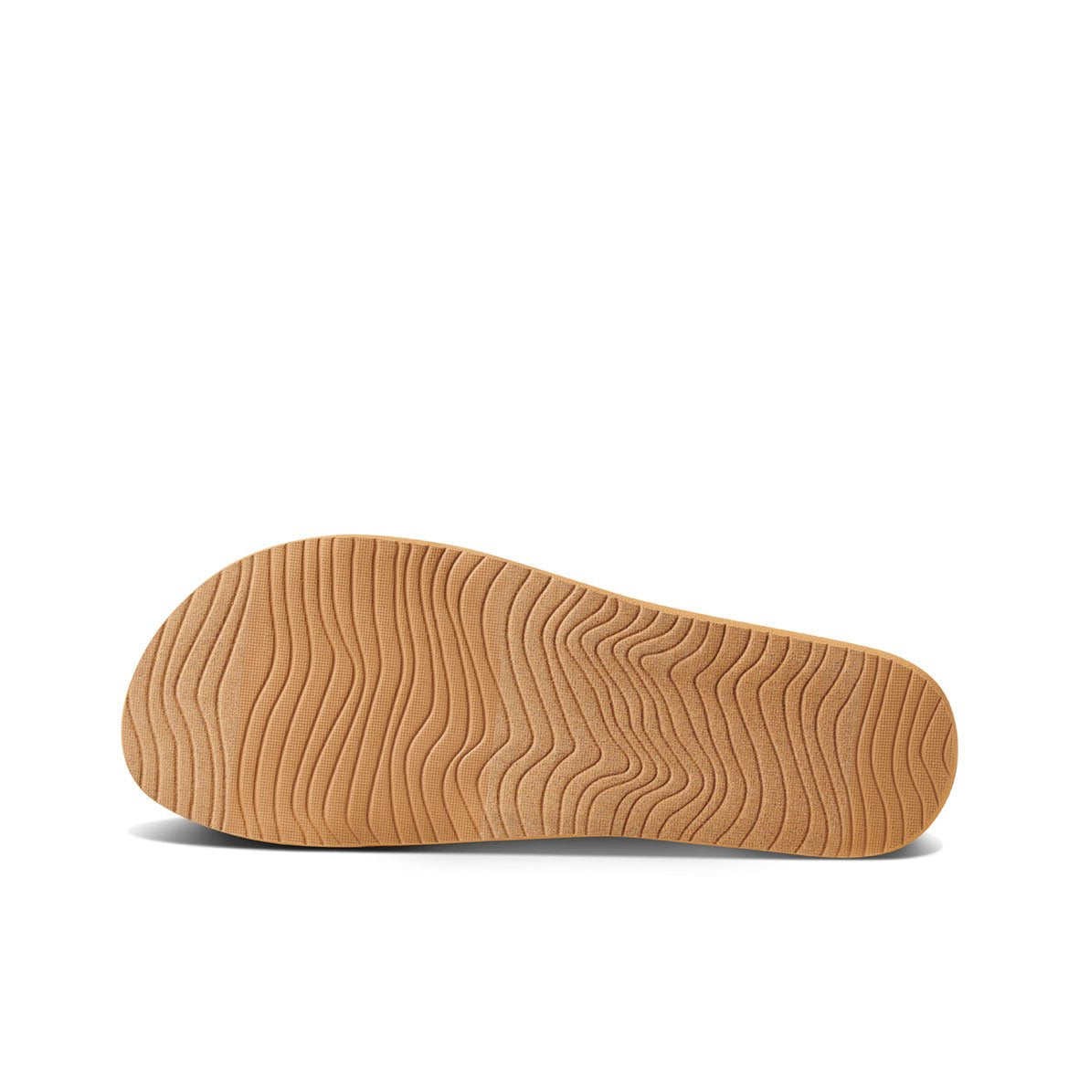The image displays the bottom of a REEF Cushion Vista Thread sandal. The sole features a wave-like pattern crafted from light brown EVA foam, providing cushion bounce comfort through its flat design and organic flow.