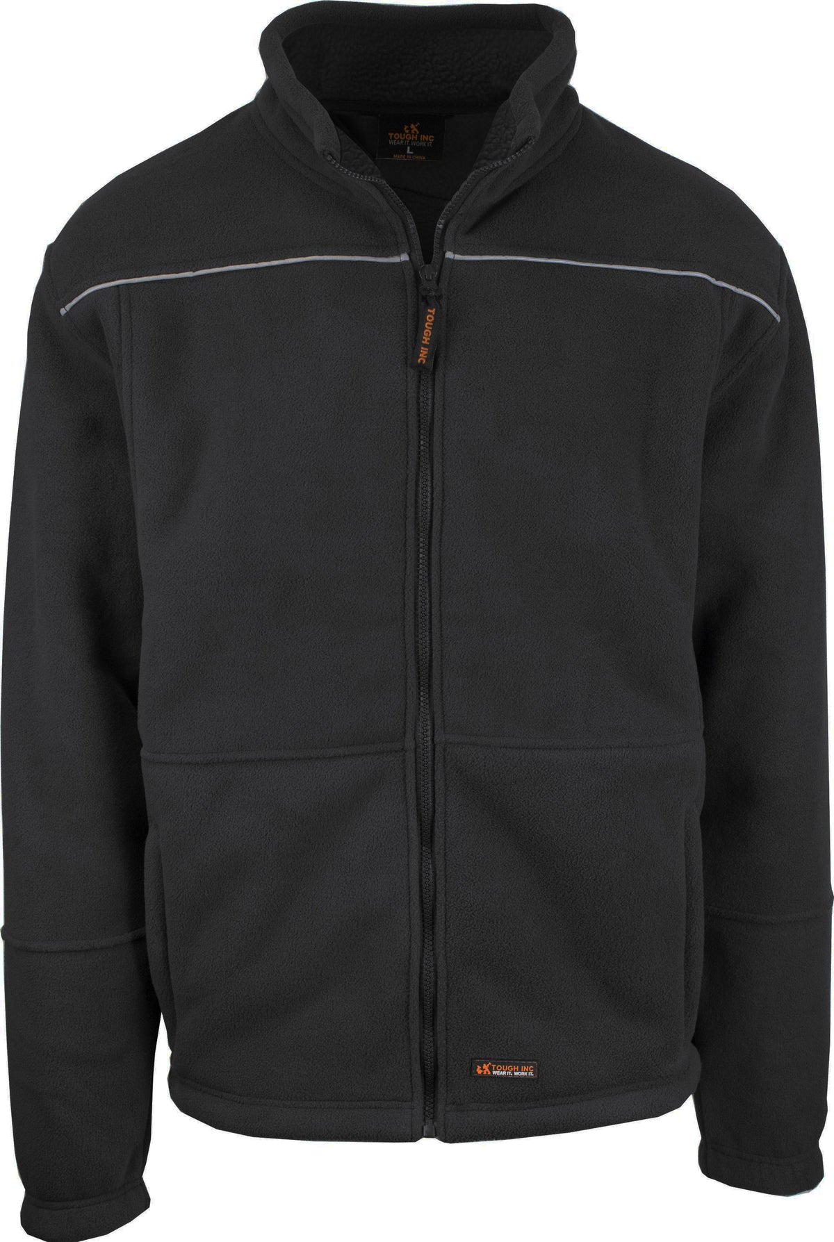 The Tough Inc Sherpa Polar Fleece Jacket is a hard-wearing black fleece jacket with a front zipper, high collar, and long sleeves. It features a gray horizontal stripe across the chest and two front pockets. An orange zipper pull and small orange logo tag are present on the chest and bottom, respectively.