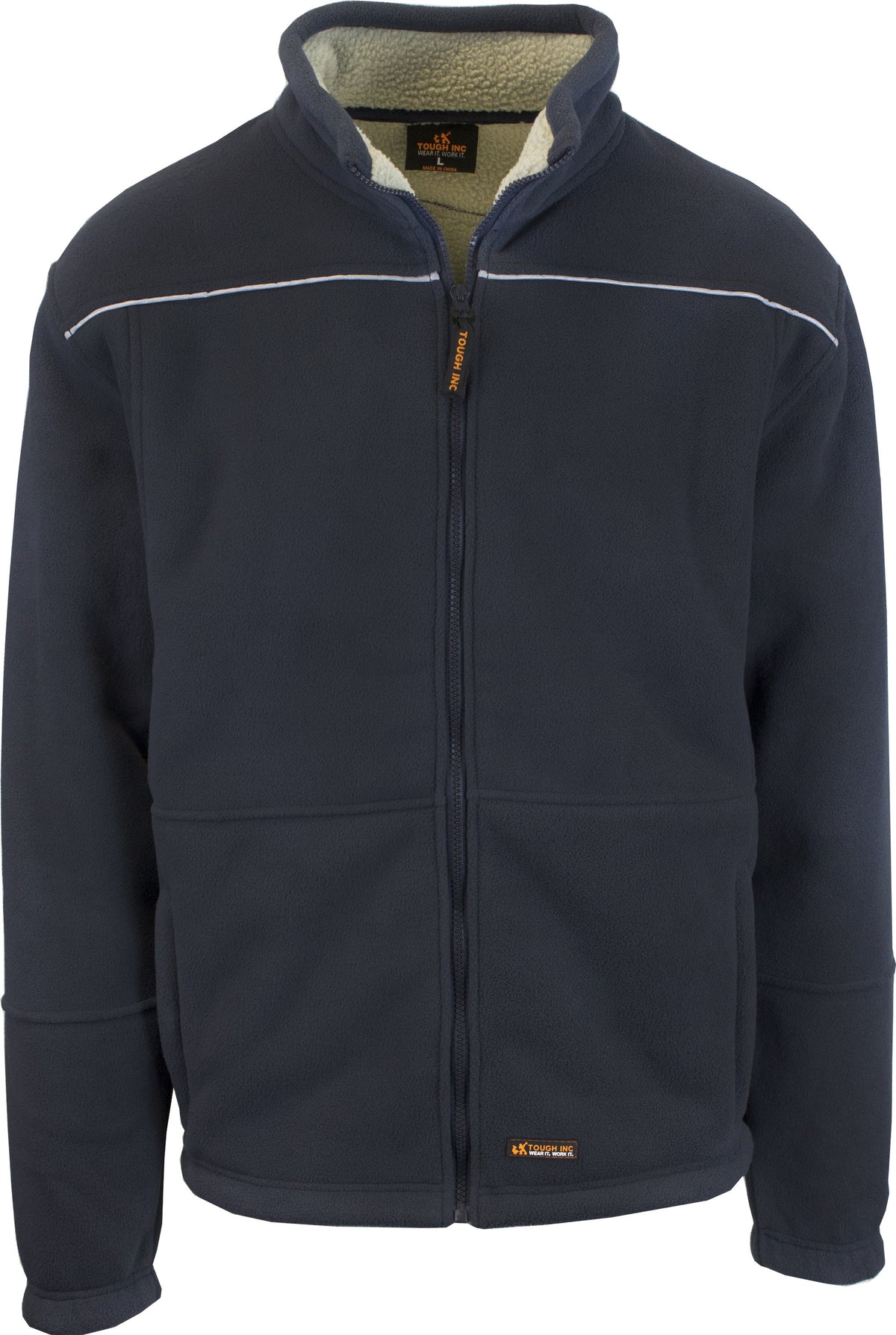 The Tough Inc Sherpa Polar Fleece Jacket in navy blue features a front zipper, high collar, and white piping across the chest. It includes long sleeves with elastic cuffs and showcases a soft sherpa lining inside the collar for extra warmth and comfort.