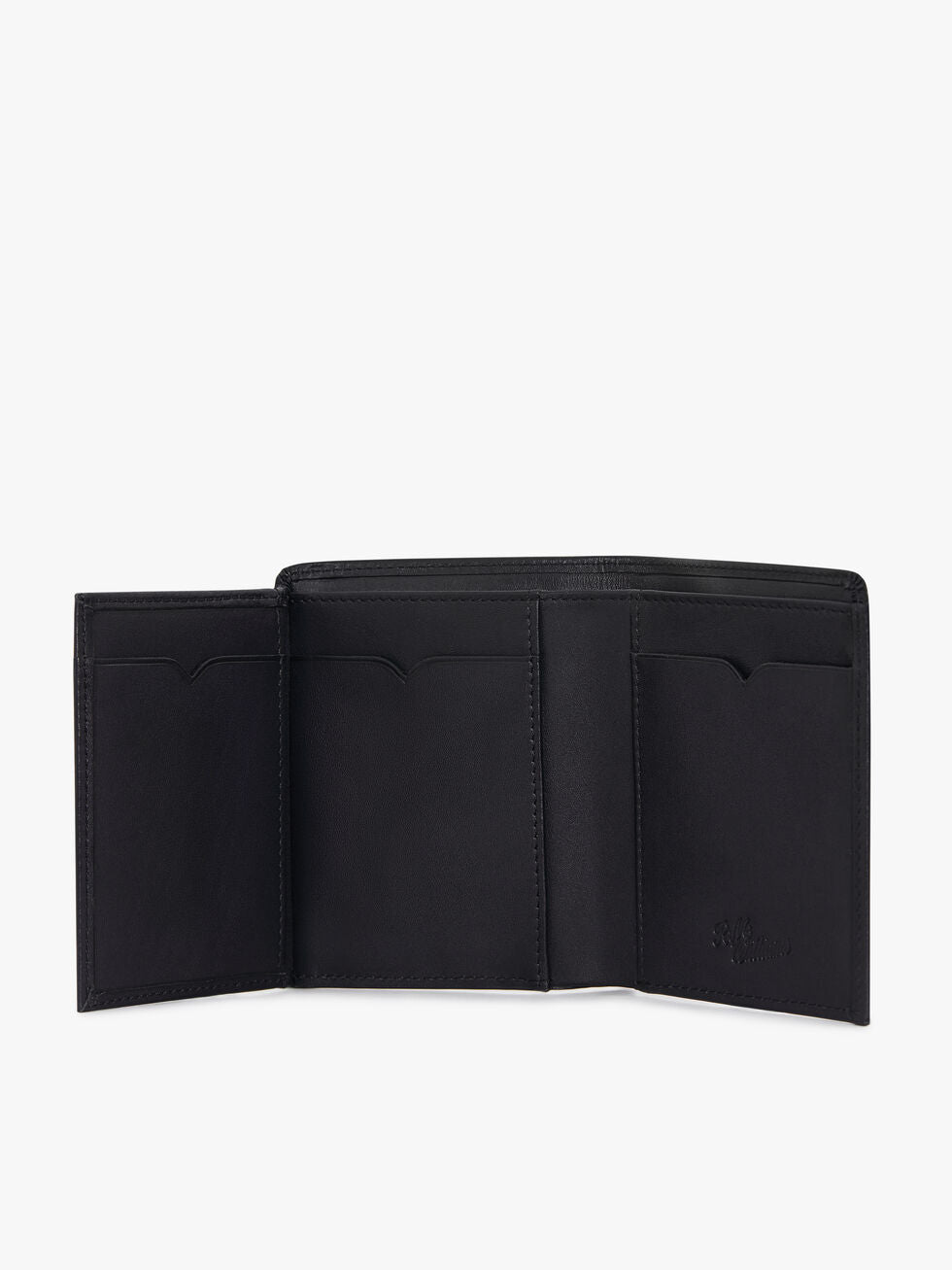 The RM Williams Urban Small Slim Tri-Fold wallet in black full grain leather is open, showing multiple card slots and compartments with the RM Williams logo, set against a white background.