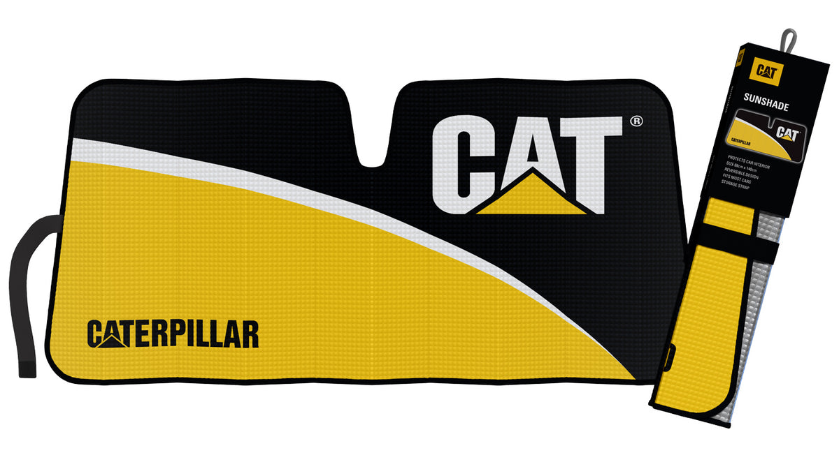 The CAT Mini Logo Sunshade showcases a black and yellow design with the CAT logo and "CATERPILLAR" text. Unfolded next to its packaging, it features double bubble thickness for better protection and includes a convenient storage strap.