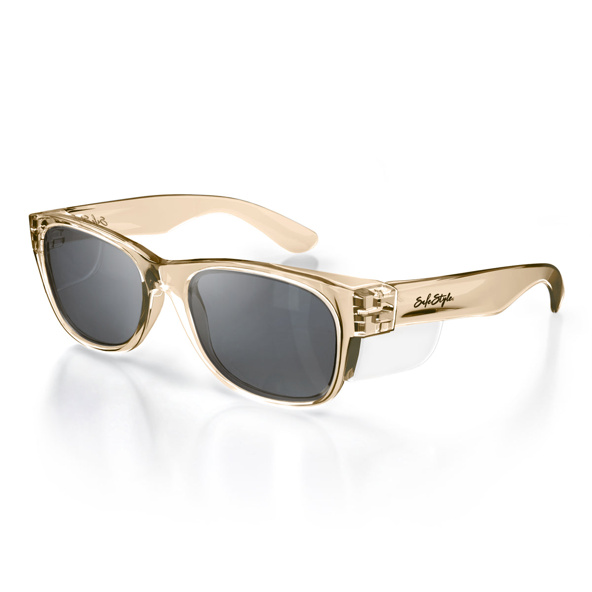 SafeStyle Classics sunglasses feature champagne frames with tinted lenses and UV protection, a checkerboard pattern on the edges, and the "Style Style" logo on the arms, set against a plain white background.