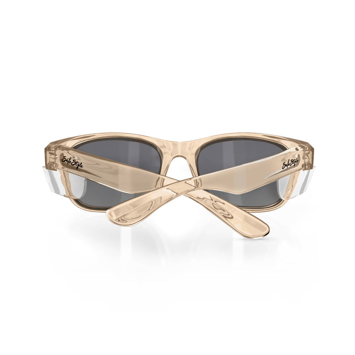 The SafeStyle Classics feature transparent beige “Champagne” polycarbonate frames and dark tinted lenses. Shown from the back with crossed arms, they display the SafeStyle logo and provide stylish UV protection.