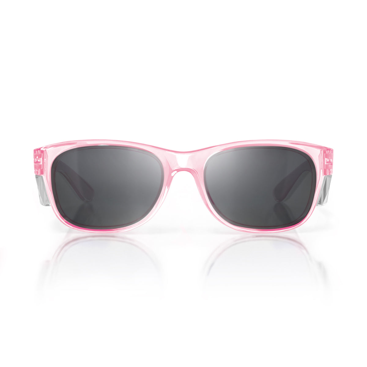 SafeStyle Classics’ pink plastic-framed sunglasses with dark lenses rest on a white background, showcasing a stylish design and UV protection. Their reflective surface enhances their sleek appeal.