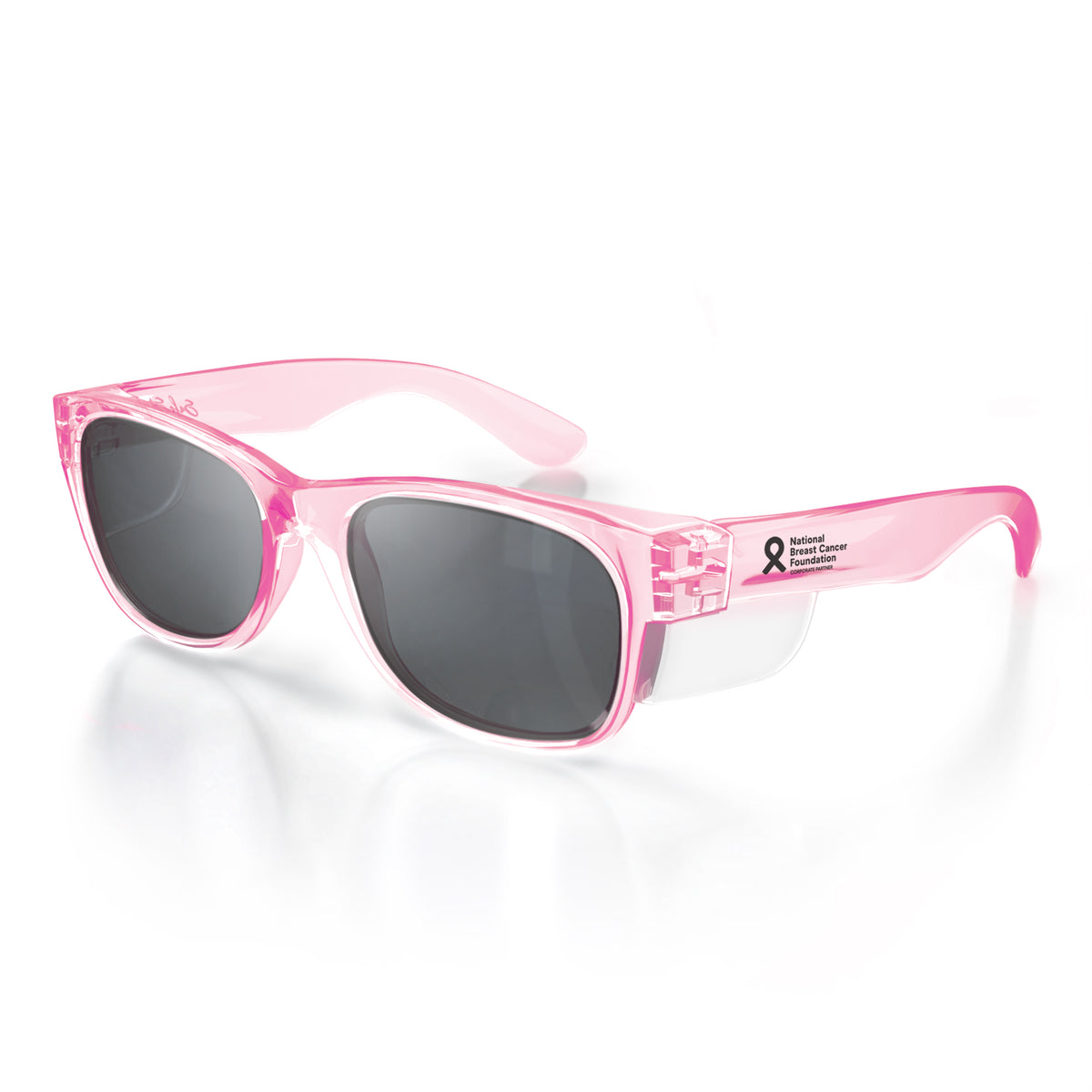 The SafeStyle Classics boast a chic wayfarer design with pink frames and dark UV-protective lenses. They feature a glossy finish, adorned with a breast cancer awareness ribbon and text on the arm for added style and safety.
