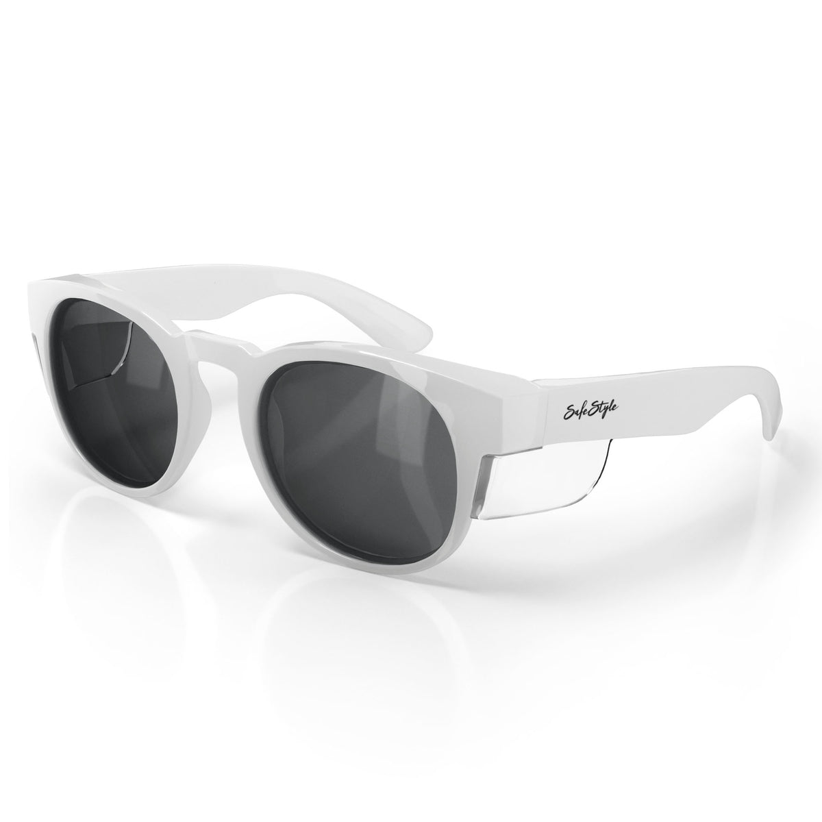 SafeStyle Cruisers sunglasses have a white frame with gray polarised lenses, UV400 protection, and feature a signature on the side, set against a white background.