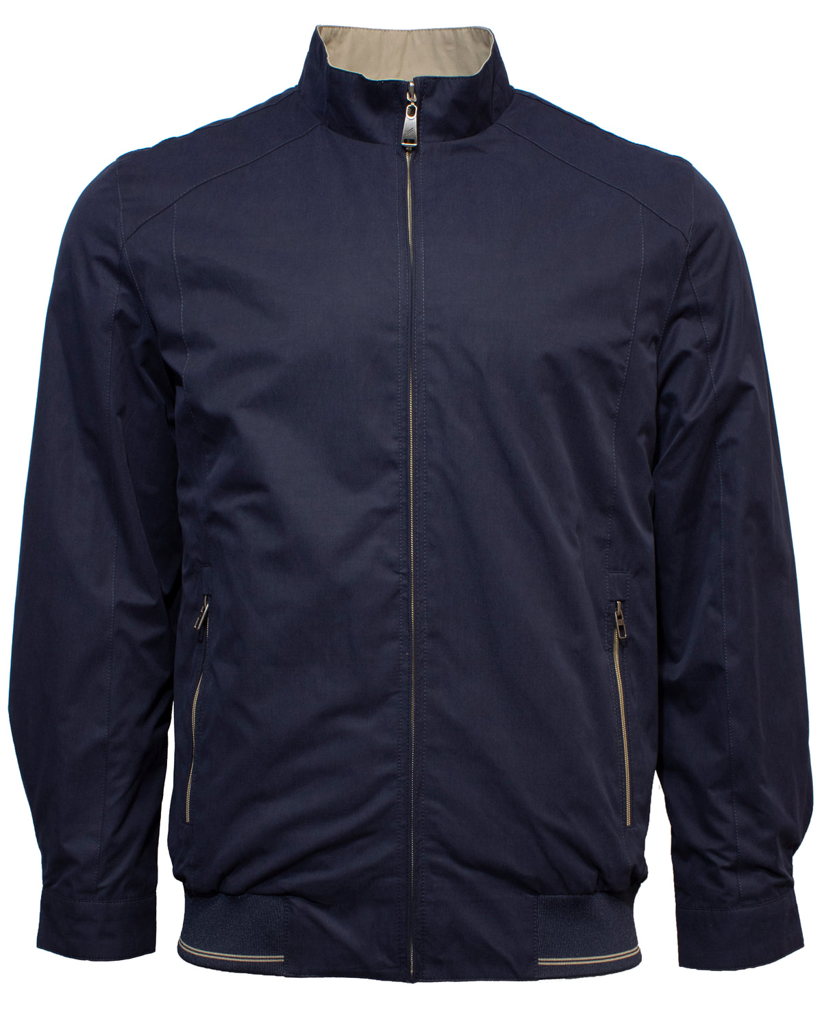 The Daniel Hechter Reverse Jacket is a navy blue, fully reversible jacket with long sleeves, featuring a stand-up collar and two zippered side pockets. It has a slightly fitted design with adjustable cuffs and a ribbed waistband. The interior lining is a lighter beige color, partially visible at the collar.