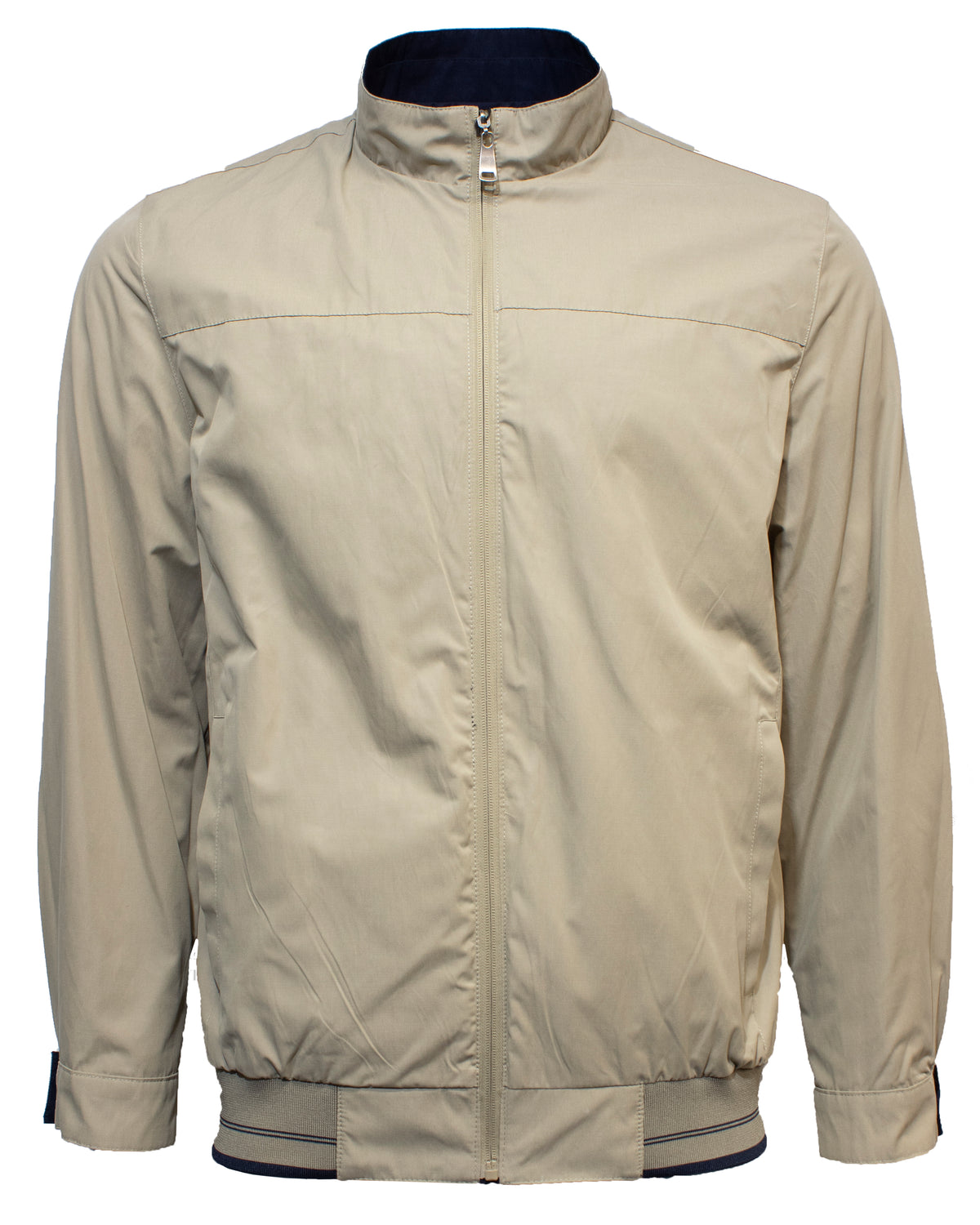 The Daniel Hechter Reverse Jacket is a beige zip-up with a stand-up collar, fully reversible design, and elastic cuffs and hem. It boasts simplicity with no visible logo or patterns, featuring a front zipper and long sleeves.