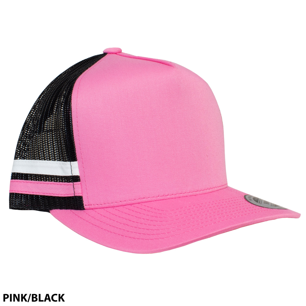Introducing the FlexFit Stripe Cap: a lightweight trucker hat featuring a vibrant pink front panel and brim, complemented by a black mesh back adorned with stylish white and pink stripes. The cap includes an adjustable strap for a perfect fit and sports a sticker on the brim. The color label in the bottom left corner reads "PINK/BLACK.