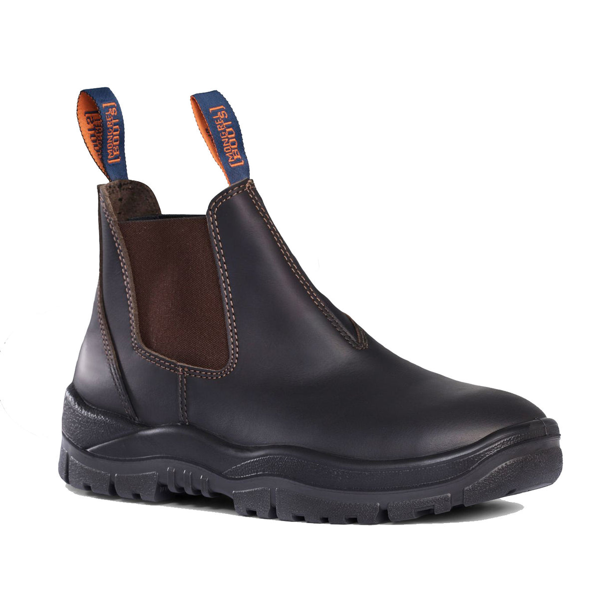 A side view of the Mongrel Non Safety Elastic Sided Boot 916030 showcases a dark brown leather ankle boot with a robust, slip-resistant black sole. This stylish boot is designed with elastic side panels and orange pull tabs labeled "Terra FI" on the front and back for effortless wear. The visible stitching adds to the polished appearance, highlighting the craftsmanship of these premium leather boots.