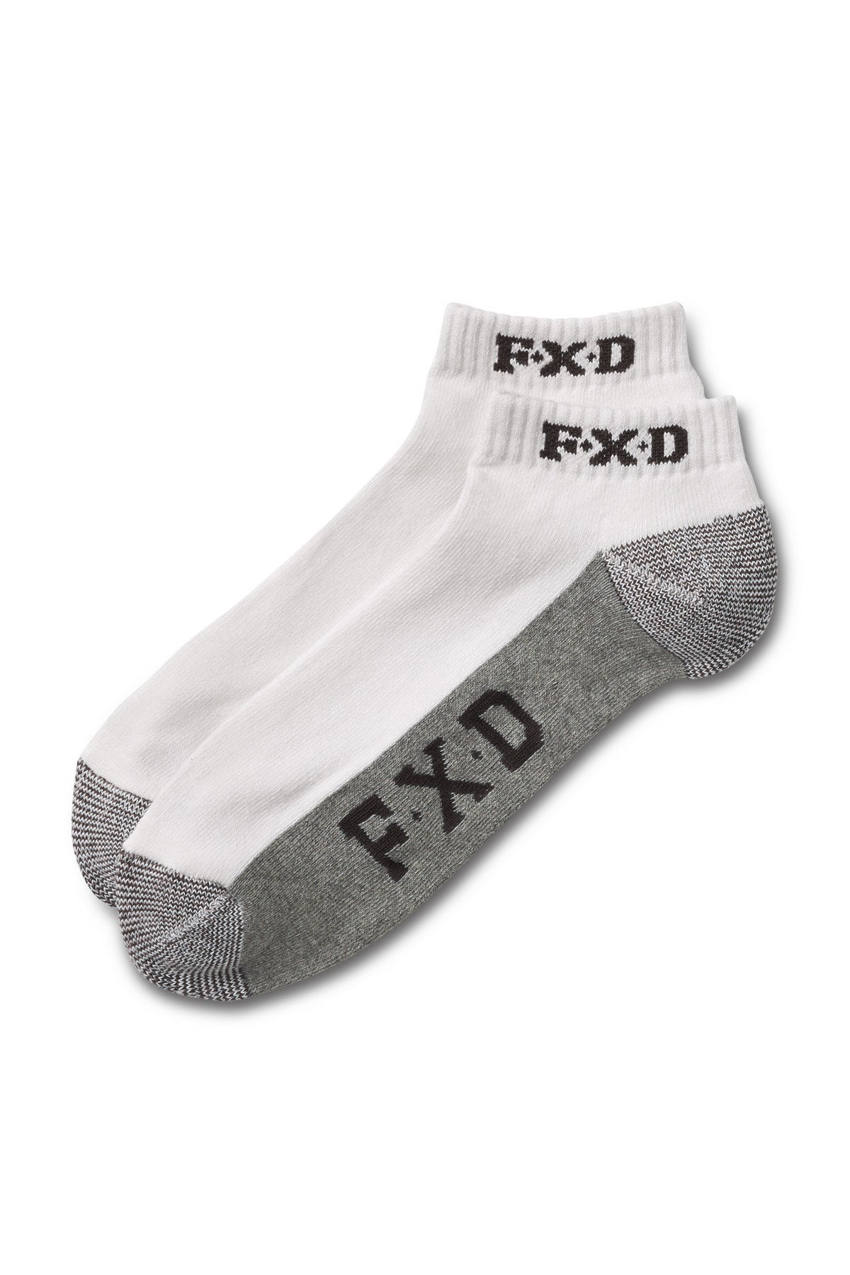 A pair from the FXD SK-4 Ankle Sock 5 Pack in white with grey accents on the heel and toe areas. These socks feature "FXD" in bold black on the top and bottom, offering arch support and a padded foot bed for added comfort.