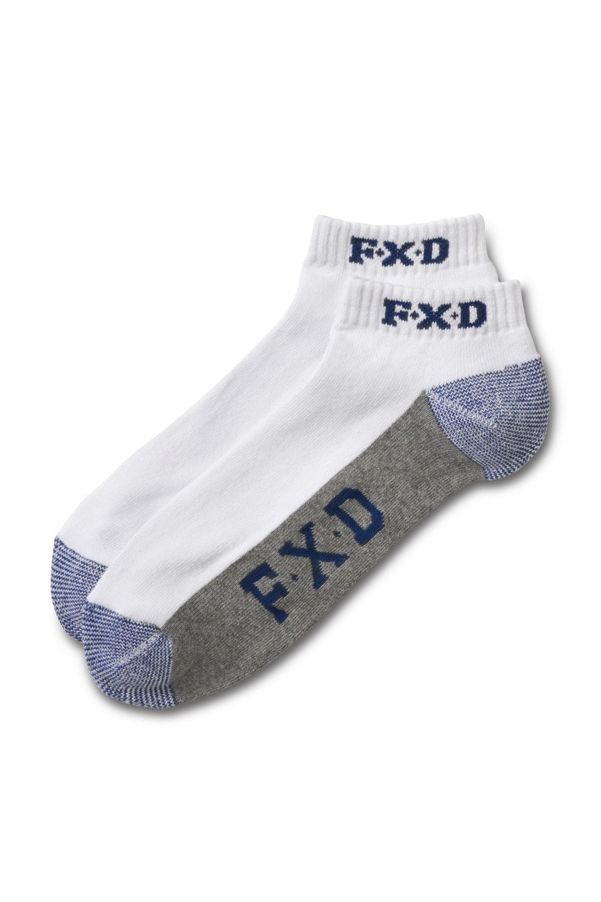 The FXD SK-4 Ankle Sock 5 Pack includes two ankle socks in assorted colors: one white with blue heel/toe caps and "FXD" in blue, and one gray with similar detailing. Both pairs offer arch support and are set against a white background.