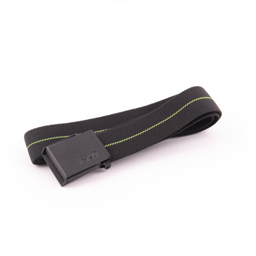 A folded FXD CB-2 Stretch Canvas Work Belt with a rectangular black buckle is laying on a white background. The black cotton belt features a single green stitching line running along its length, and the buckle has a subtle embossed design.