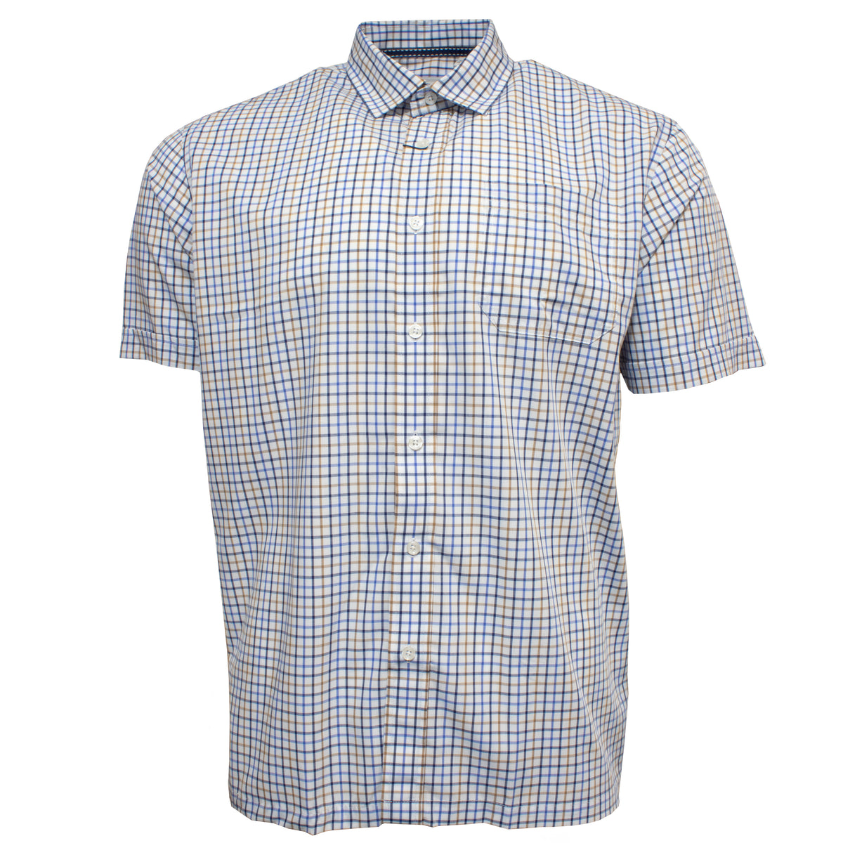 Introducing the Back Bay Soft Touch Shirt: a chic short-sleeved button-up featuring a blue and white checkered pattern. Made from a bamboo/polyester blend, this shirt boasts a collar and offers a slightly loose fit for ultimate comfort against the plain white backdrop.