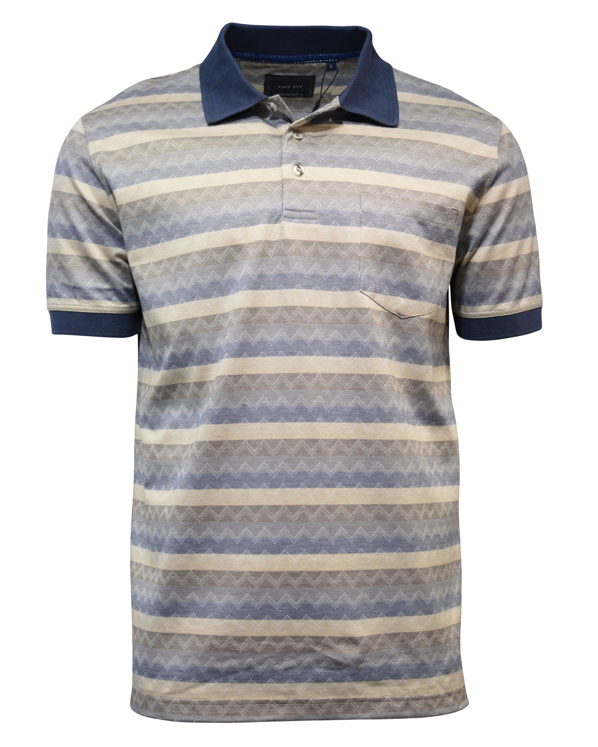 The Back Bay Mercerised Cotton Jacquard Polo offers a regular fit with short sleeves and horizontal zigzag stripes in gray, blue, and beige. It includes a blue collar, chest pocket, and button placket for enhanced style.