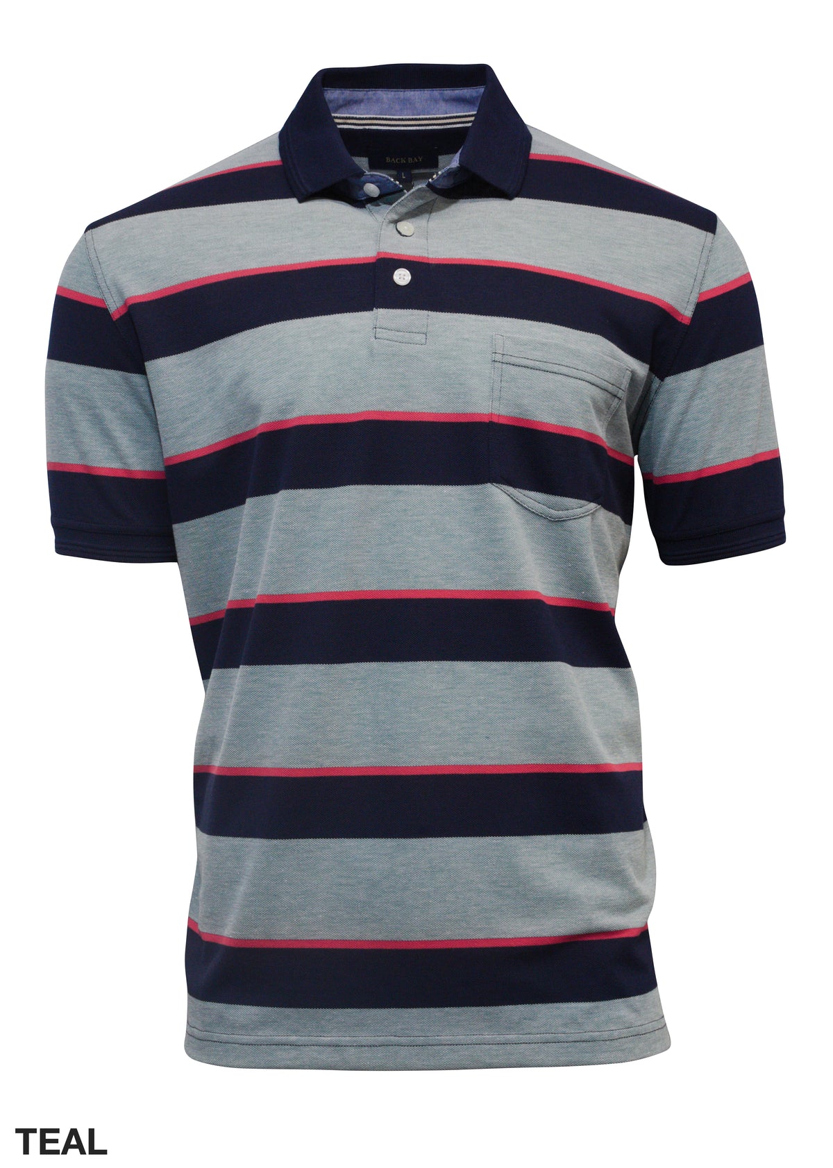 The Back Bay Striped Pique Polo is a short-sleeved shirt made from a polyester/cotton blend with wide horizontal stripes in dark blue, light grey, and thin pink. It features a rib knit collar, buttoned placket, chest pocket, and "TEAL" at the bottom left.