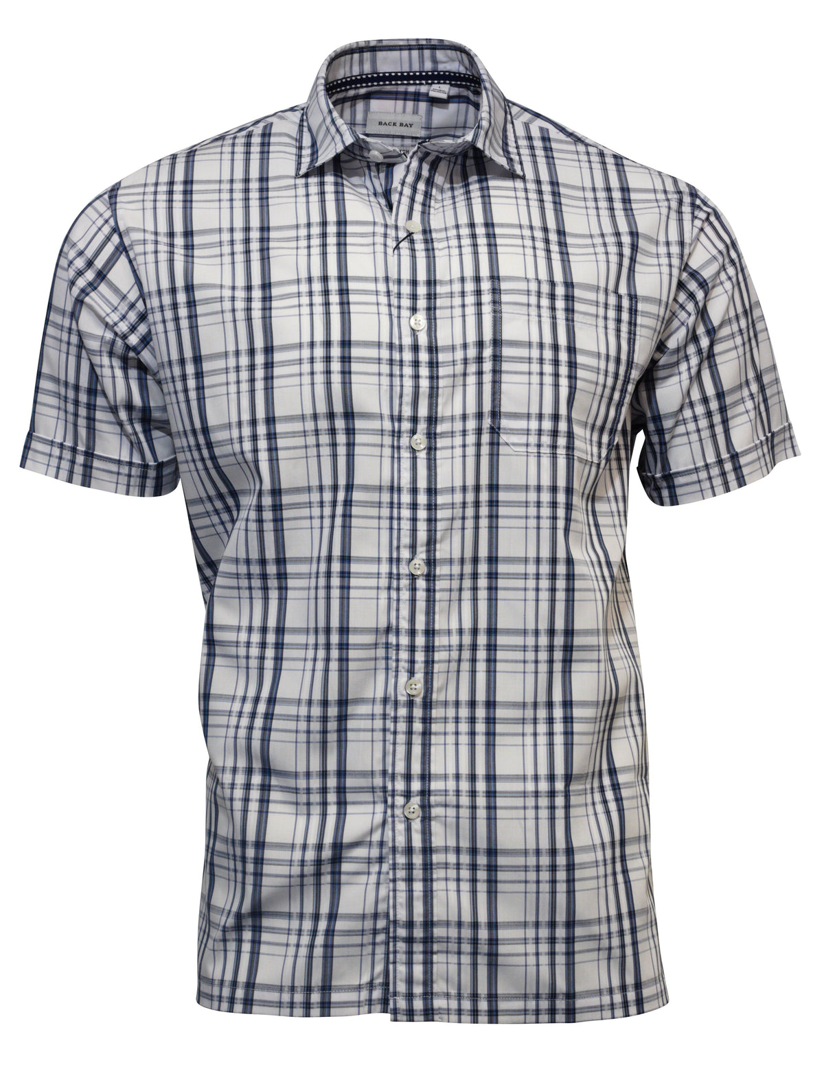 The Back Bay Bamboo Soft Touch Check Short Sleeve Shirt, made from a soft bamboo/polyester blend, showcases a blue and white plaid pattern. It includes a button-down front and chest pocket on the left side, elegantly presented on a plain white background.
