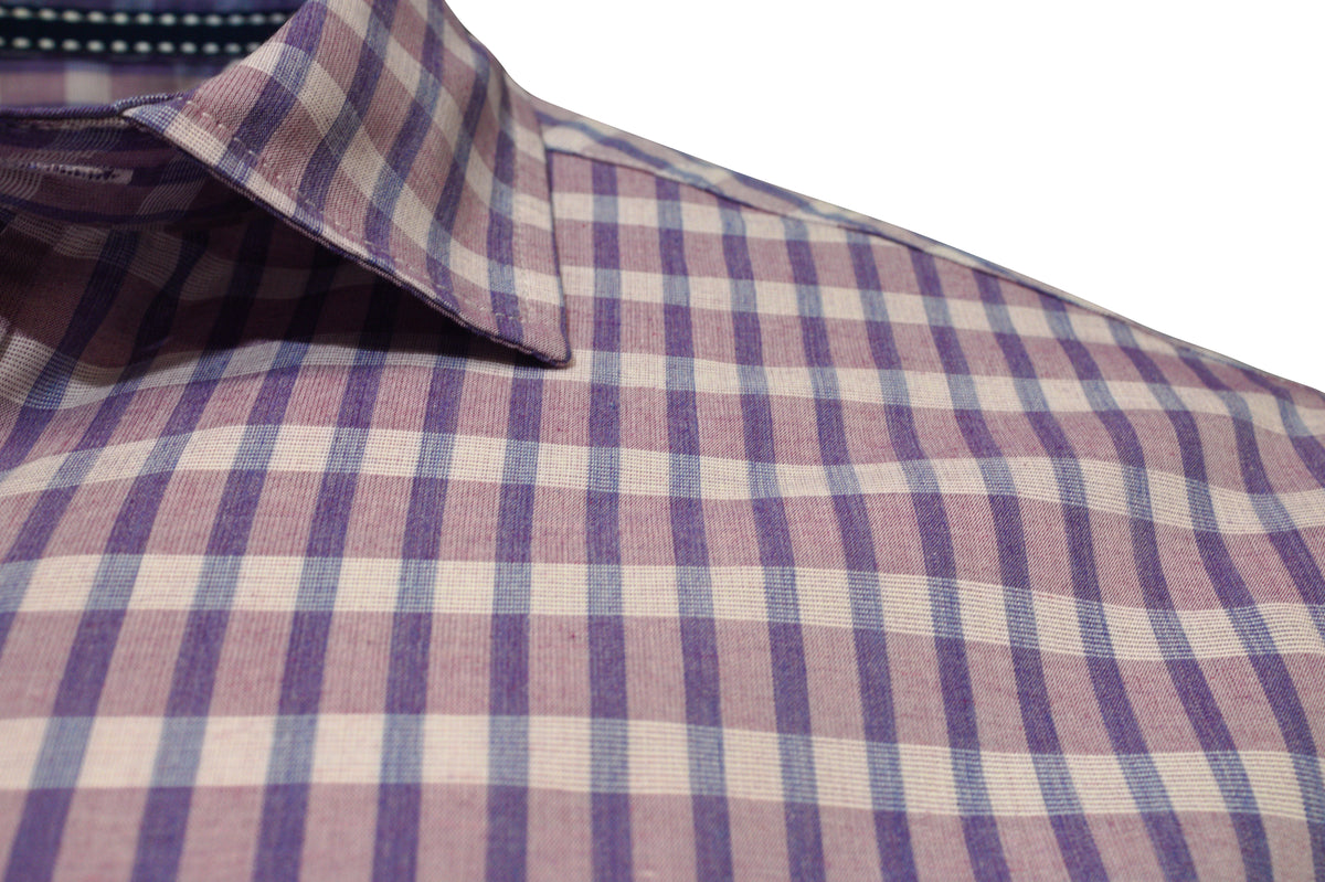 Close-up of the Back Bay Bamboo Linen Soft Touch Short Sleeve Shirt in a purple and white checkered pattern. The visible collar and bamboo/linen blend fabric appear smooth and neatly pressed.