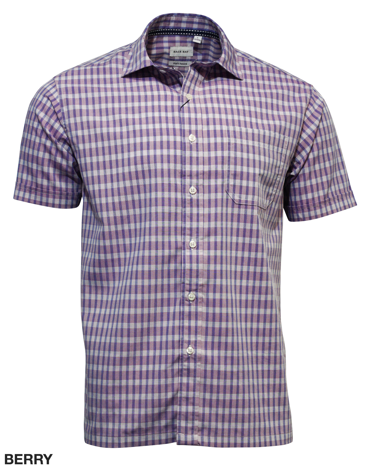 The Back Bay Bamboo Linen Soft Touch Short Sleeve Shirt features a purple and white checked pattern, a chest pocket, and a collar. It is made from a bamboo/linen blend with "BERRY" written on the label inside.