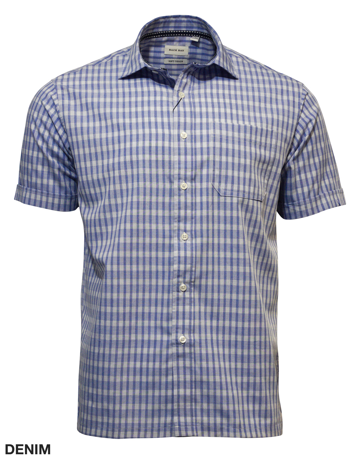 The Back Bay Bamboo Linen Soft Touch Short Sleeve Shirt is crafted from a bamboo/linen blend. It features a blue and white checkered pattern with a left side front pocket. The light fabric is ideal for casual wear and has "DENIM" in the bottom corner for style.