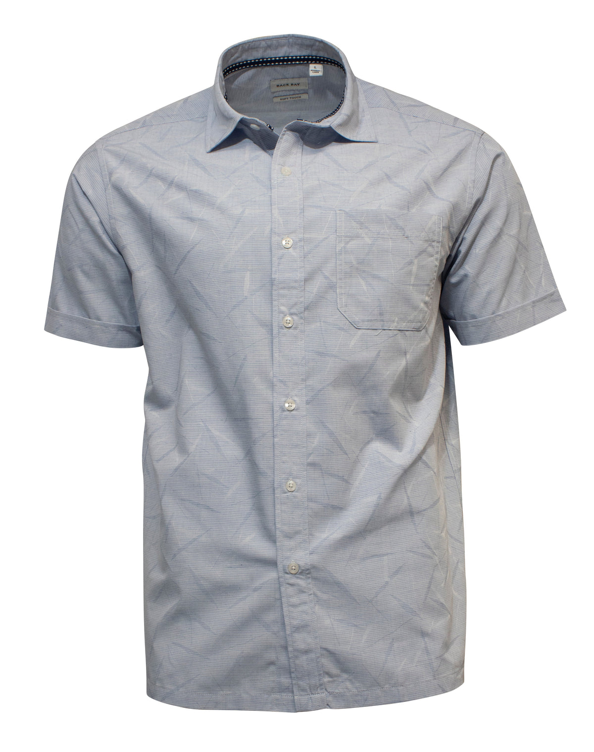 The Back Bay Bamboo Linen Soft Touch Short Sleeve Shirt is light blue with a subtle geometric pattern, crafted from a soft bamboo/linen blend. It includes a convenient chest pocket and is displayed against a plain white background.