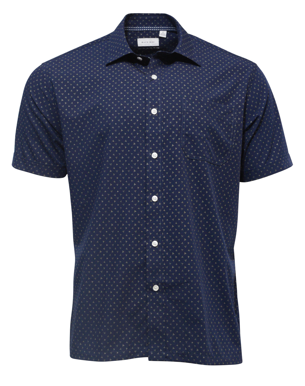 The Back Bay Bamboo Soft Touch Print Short Sleeve Shirt in navy blue features a subtle small dot pattern. Made from a bamboo/polyester blend, it includes a collar, white buttons, and a chest pocket, offering a classic casual look ideal for laid-back occasions.