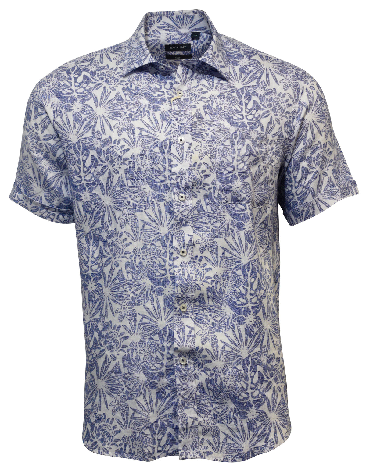 The Back Bay Linen Print Short Sleeve Shirt boasts a stylish blue and white floral and leaf pattern on a light background, offering a tropical and casual vibe.