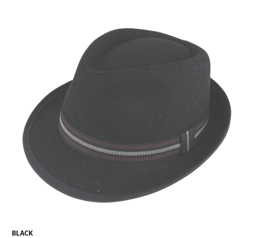 Introducing the Avenel Harold Hat: a black trilby style hat by Avenel that features a sophisticated black and gray striped band around the base. Crafted from a premium wool blend, this hat boasts a classic shape with an elegant pinched front and a gently curved brim, set against a plain white background.