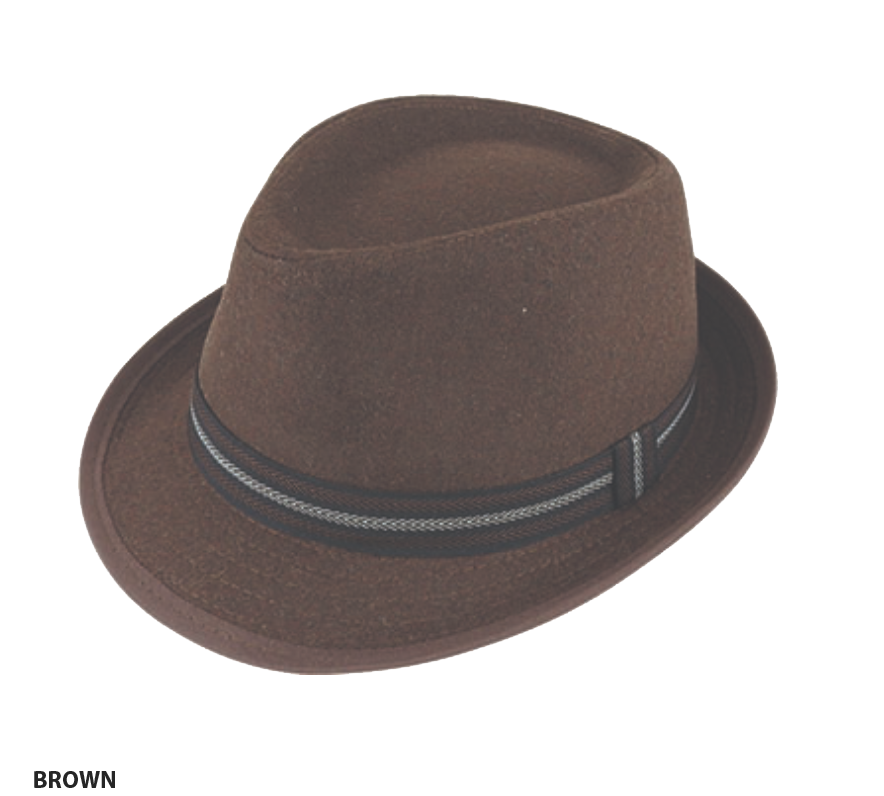 The Avenel Harold Hat is a brown wool blend fedora with a black and gray striped band around the base, crafted in Avenel's signature trilby style.