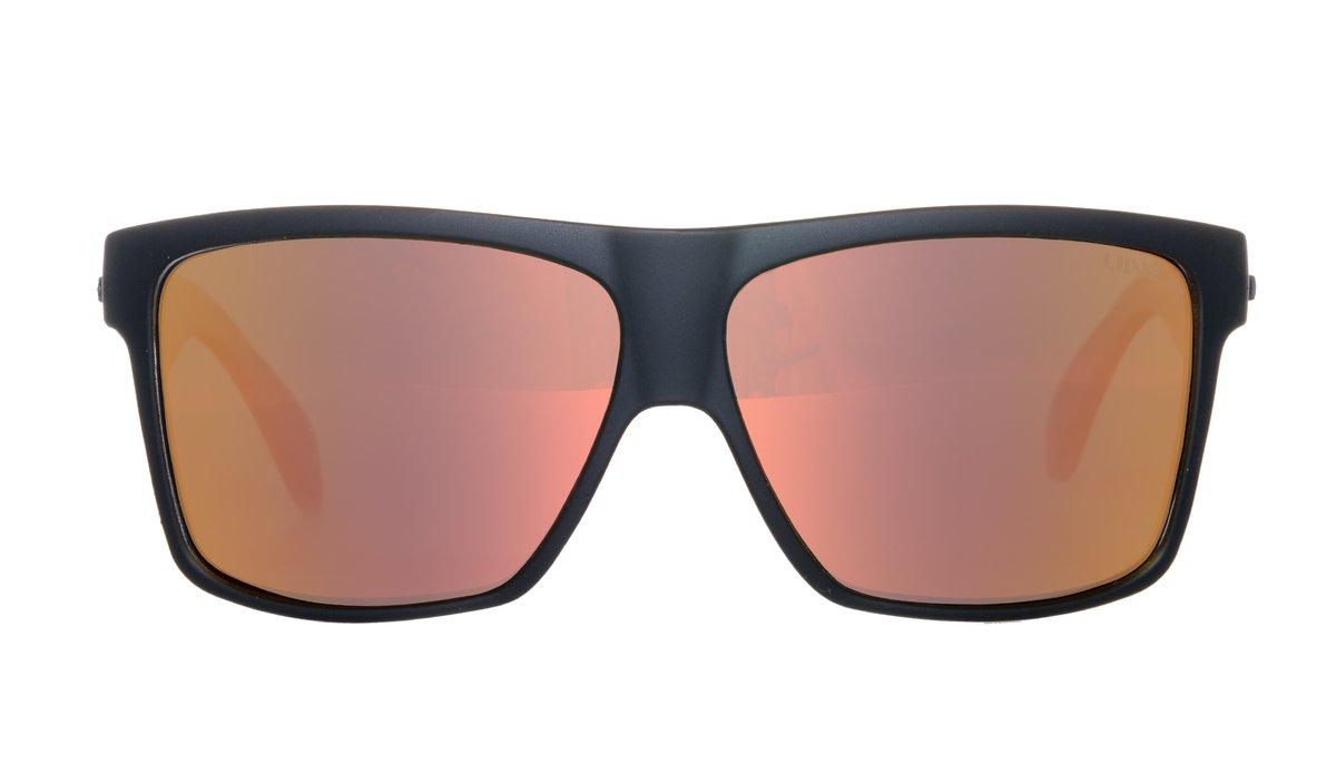 The Liive Hoy 4 Mirror Polar Float Sunglasses are black, rectangular, wide-frame sunglasses with mirror-finish orange lenses and UV protection, shown from the front on a white background.