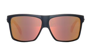 The Liive Hoy 4 Mirror Polar Float Sunglasses are black, rectangular, wide-frame sunglasses with mirror-finish orange lenses and UV protection, shown from the front on a white background.