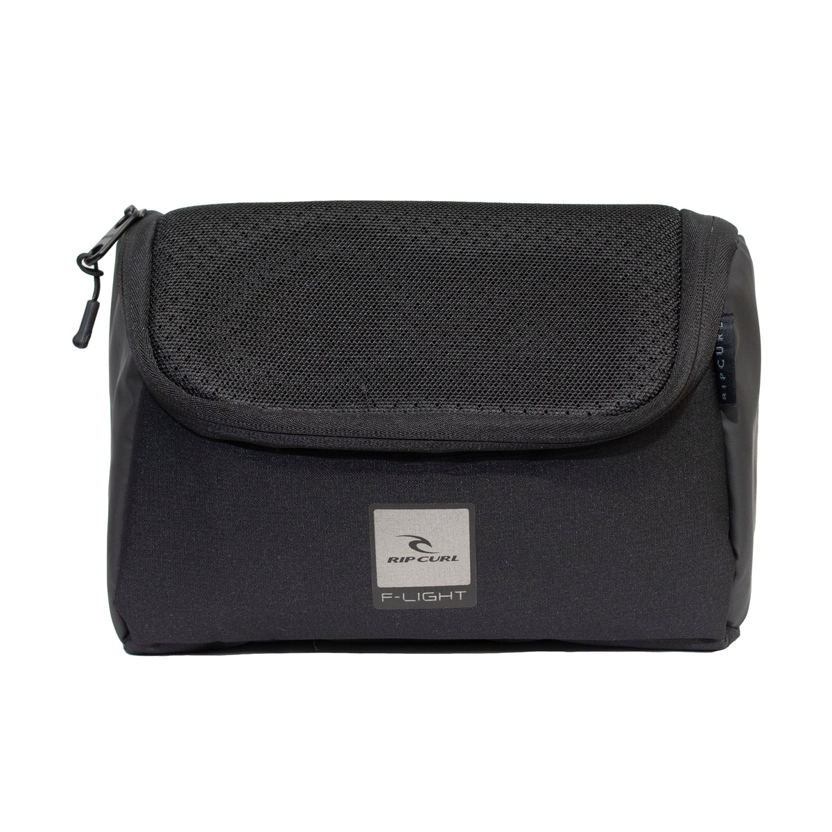 The compact Rip Curl F-Light Toiletry Midnight bag in black features water-resistant polyester, a zippered mesh top, and a brand logo on the front patch.